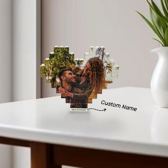 Custom Building Brick Personalized Photo Block Puzzle Heart Shaped Picture Customized Valentines Day Gifts for Couples, Father's Day Gift