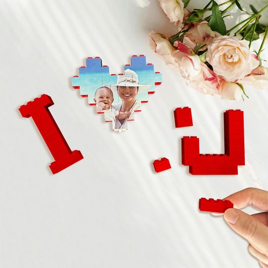 Custom Building Brick Personalized Photo Block Puzzle Heart Shaped Picture Customized Valentines Day Gifts for Couples, Father's Day Gift