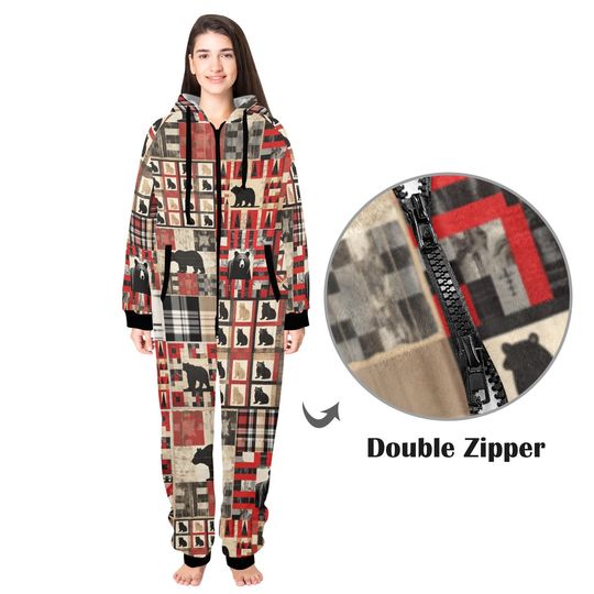 Flannel Bear Hooded Onesie: Rustic Lodge Pajamas