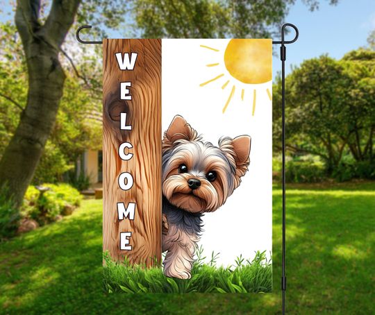 Welcome peeking Yorkie dog garden flag