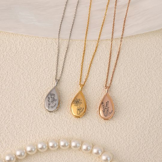 Personalized Teardrop Pet Urn Necklace with Birth Flower Memorial Jewelry for Women