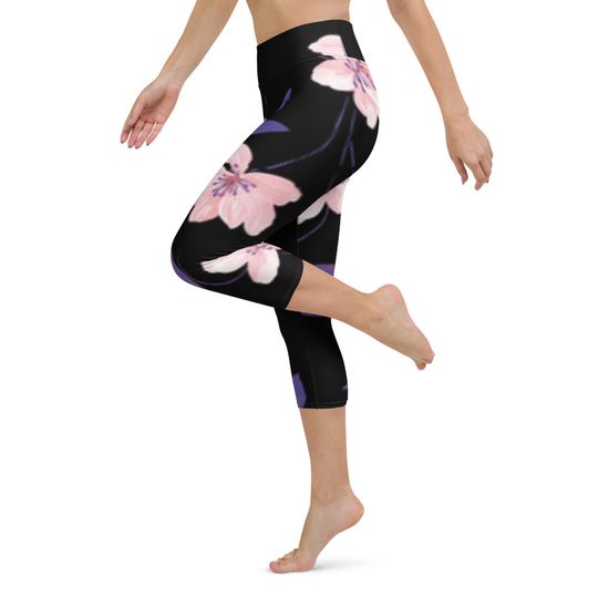 Accented Floral Yoga Capri Leggings - Women's