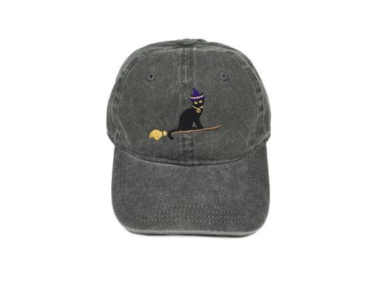 Witch Cat Hat, Embroidered Halloween Hat, Adjustable Cotton Twill