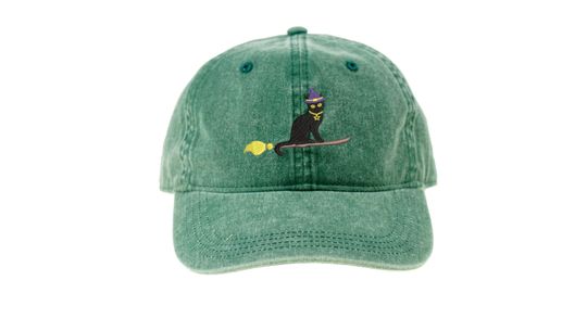 Witch Cat Hat, Embroidered Halloween Hat, Adjustable Cotton Twill