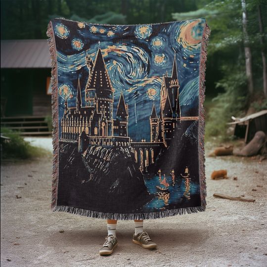 Wizard Castle Woven Throw Blanket | Personalized Starry Night Whimsical Tapestry with Name, Dark Academia Book Nook Decor for Fantasy Lovers