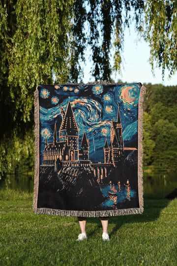 Wizard Castle Woven Throw Blanket | Personalized Starry Night Whimsical Tapestry with Name, Dark Academia Book Nook Decor for Fantasy Lovers