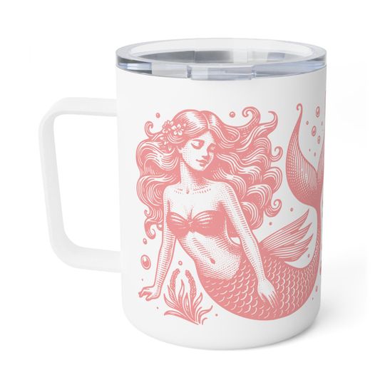 Pink Mermaids 10oz Insulated Coffee Mug, Lidded Ocean Lover Gift