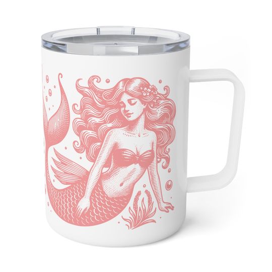 Pink Mermaids 10oz Insulated Coffee Mug, Lidded Ocean Lover Gift