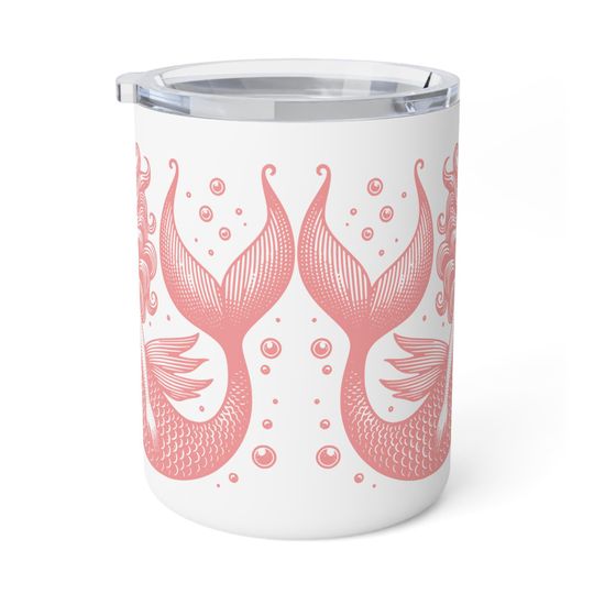 Pink Mermaids 10oz Insulated Coffee Mug, Lidded Ocean Lover Gift