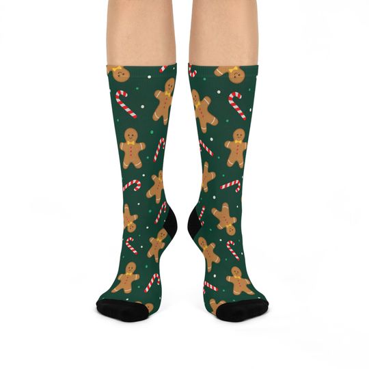 Gingerbread Candy Cane Crew Socks: Christmas Holiday Print