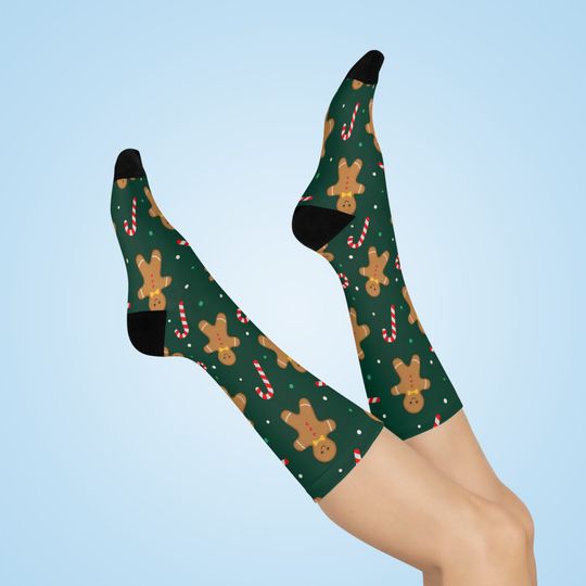 Gingerbread Candy Cane Crew Socks: Christmas Holiday Print