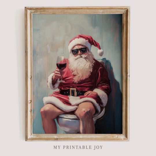 Funny Bathroom Santa Wall Art, Holiday Decor for Wine Lovers, Vertical Christmas Poster
