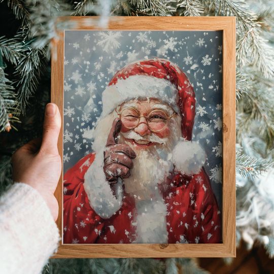 Santa Claus Winking Snowy Christmas Art Festive Holiday Wall Decor Winter Santa Claus Print Christmas Decoration