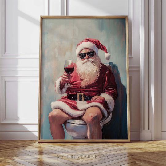 Funny Bathroom Santa Wall Art, Holiday Decor for Wine Lovers, Vertical Christmas Poster
