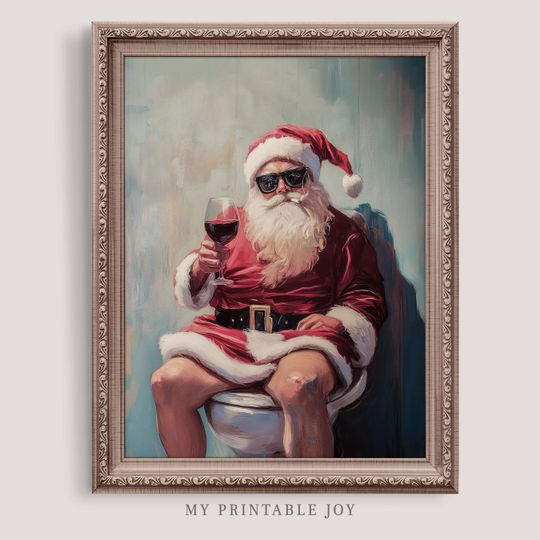 Funny Bathroom Santa Wall Art, Holiday Decor for Wine Lovers, Vertical Christmas Poster