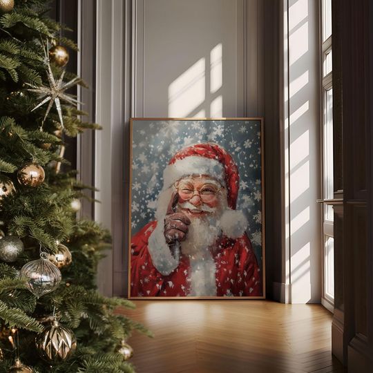 Santa Claus Winking Snowy Christmas Art Festive Holiday Wall Decor Winter Santa Claus Print Christmas Decoration