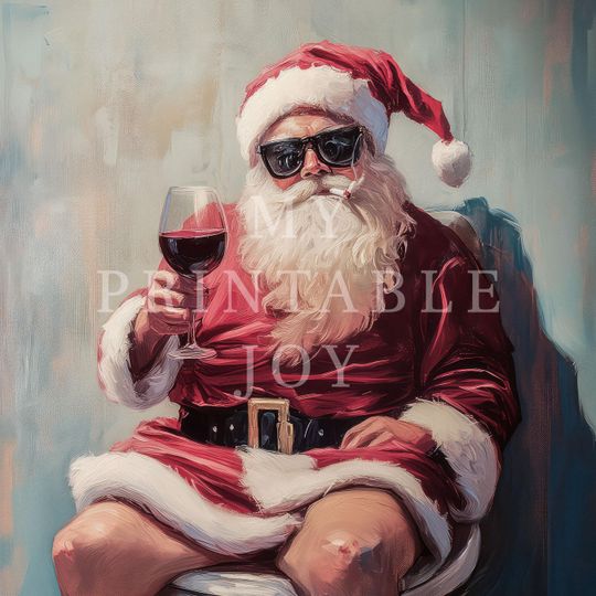 Funny Bathroom Santa Wall Art, Holiday Decor for Wine Lovers, Vertical Christmas Poster