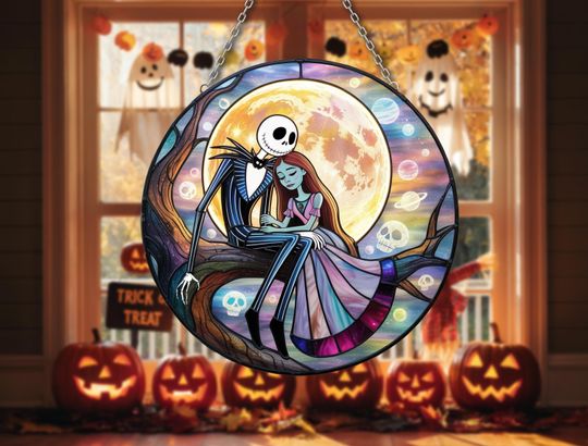Gothic Moonlight Couple Suncatcher  Spooky Romance Window Hanging  Halloween Night Glass Art  Eerie Fall Home Decor