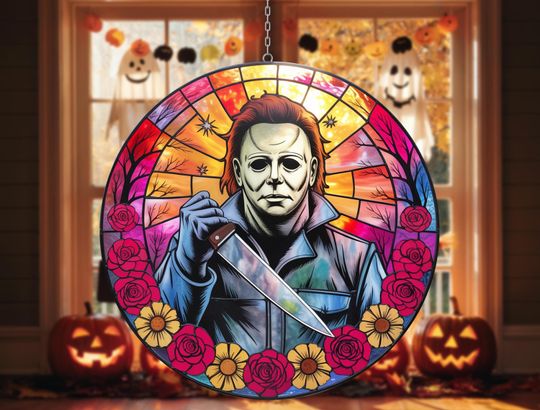 Creepy Masked Figure Stained Glass Suncatcher  Spooky Halloween Window Hanging  Horror Knife Art with Floral Details