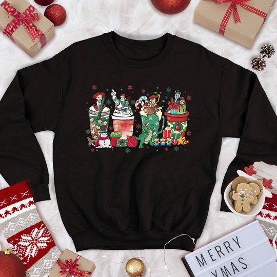 Cute Toy Story Group Coffee Tea Sweater, Disney Pixar Xmas Latte Drink Cup Lights Sweatshirt
