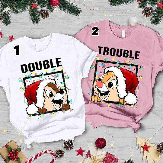 Disney Couples Chip n Dale Double Trouble Christmas Light Family Shirt