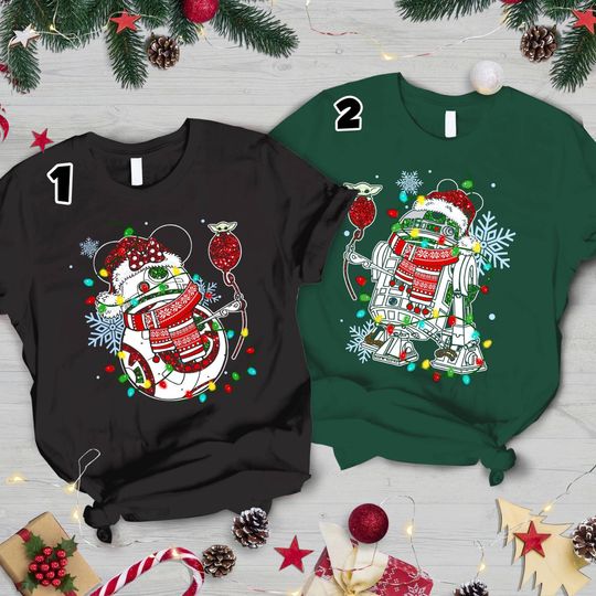 Cute Santa R2-D2 BB-8 Couples Christmas T-shirt, Funny Disney Star Wars Couples Xmas Light