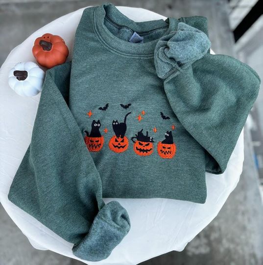EMBROIDERED Black Cat Sweatshirt, Pumpkin Jack O' Lantern, Cat Ghost Shirt