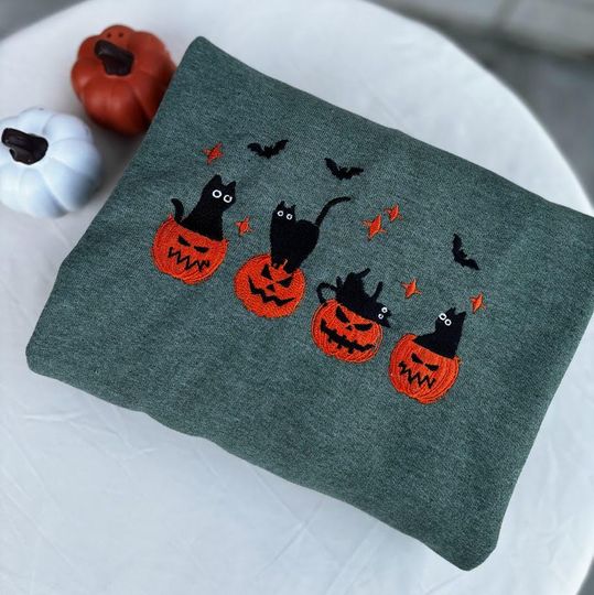 EMBROIDERED Black Cat Sweatshirt, Pumpkin Jack O' Lantern, Cat Ghost Shirt