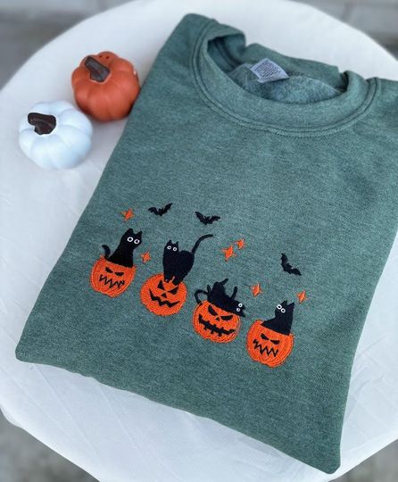EMBROIDERED Black Cat Sweatshirt, Pumpkin Jack O' Lantern, Cat Ghost Shirt