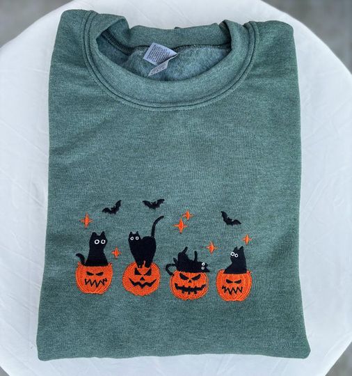 EMBROIDERED Black Cat Sweatshirt, Pumpkin Jack O' Lantern, Cat Ghost Shirt