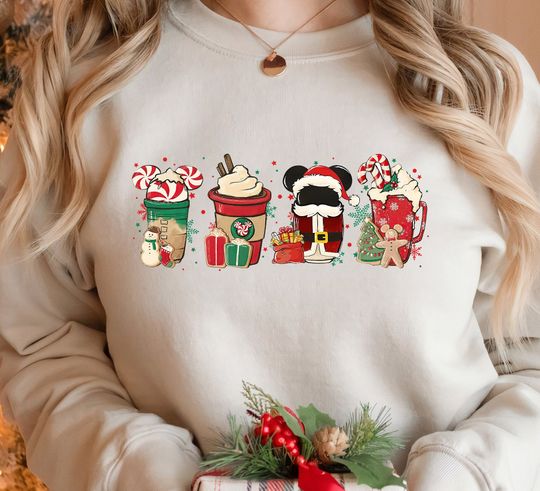Christmas Coffee Sweatshirt, Cute Disney Christmas, Peppermint Iced Latte Snowmen
