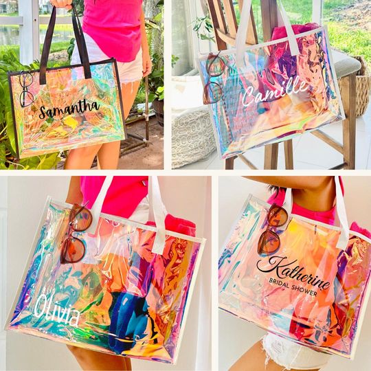 Bridesmaid Tote Bag, Holographic bag, Clear Bag, Beach Bag, Transparent Bag, Girls Weekend, Birthday Gift, Bachelorette Party, Reusable Bag