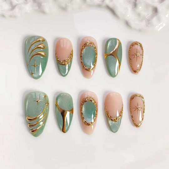Glitter Green Cat Eye Nails/press on nails long almond nails/Elegant nails/3D gold chrome nails/Star Nails/Daily nails/Birthday nails