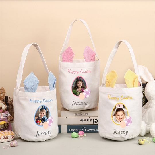 Personalized Photo & Name Easter Basket, Bunny Basket for Kids, Kids Easter Gift, Easter Bucket, Egg Basket For Easter Gifts