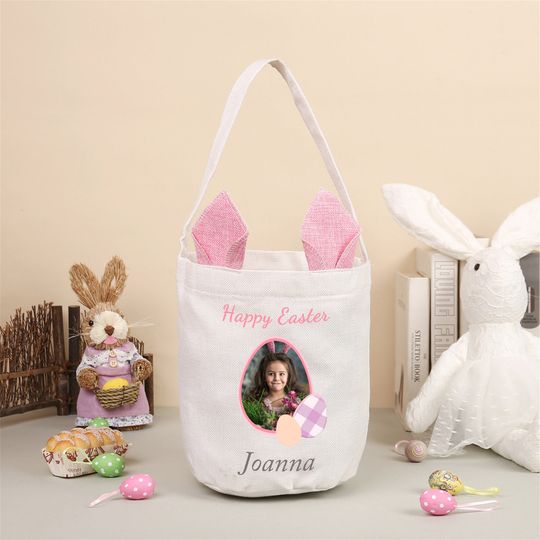 Personalized Photo & Name Easter Basket, Bunny Basket for Kids, Kids Easter Gift, Easter Bucket, Egg Basket For Easter Gifts