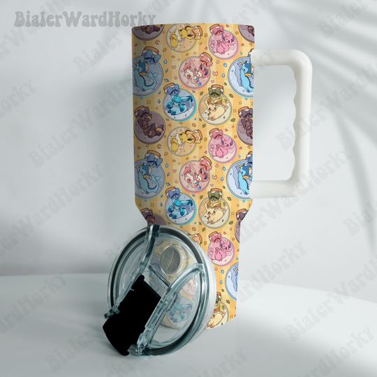 Eevee Evolution Bottles Tumbler Cute Tumbler Anime Tumbler 40oz, Stainless Steel Double Wall Tumbler with New Style Handle, Back To School Gift
