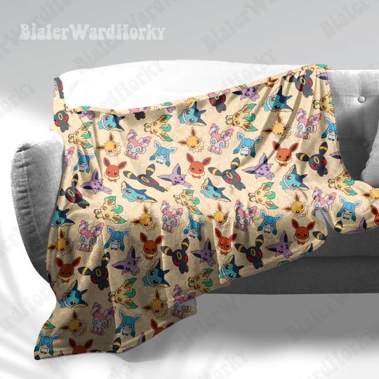 Eevee Evolution Chibi Fleece Blanket, Evolution Blanket, Cute Fleece Blanket, Anime Blanket Eevee, Gifts