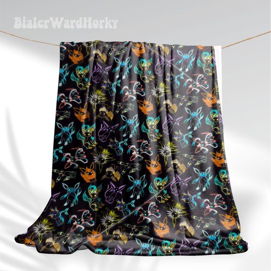 Eevee Evolution Neon Fleece Blanket, Evolution Blanket Fleece Blanket, Anime Blanket Evolution, Gifts