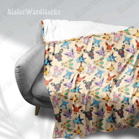 Eevee Evolution Chibi Fleece Blanket, Evolution Blanket, Cute Fleece Blanket, Anime Blanket Eevee, Gifts