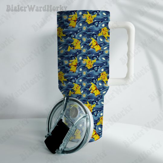 Pika Starry Night Tumbler Cute Art Pika Tumbler Anime Tumbler 40oz, Stainless Steel Double Wall Tumbler with New Style Handle, Back To School Gift