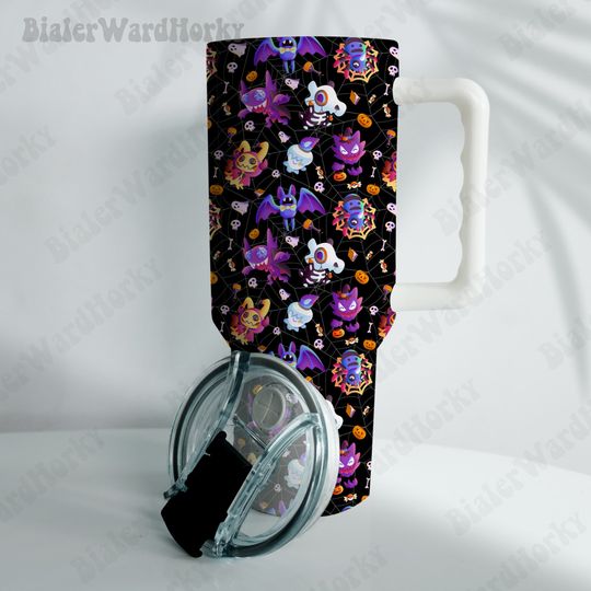 Halloween Mystic Tumbler Cute Funny Ghost Type Gengar Mimikyu Ghost Anime Tumbler 40oz, Stainless Steel Double Wall Tumbler with New Style Handle, Back To School Gift