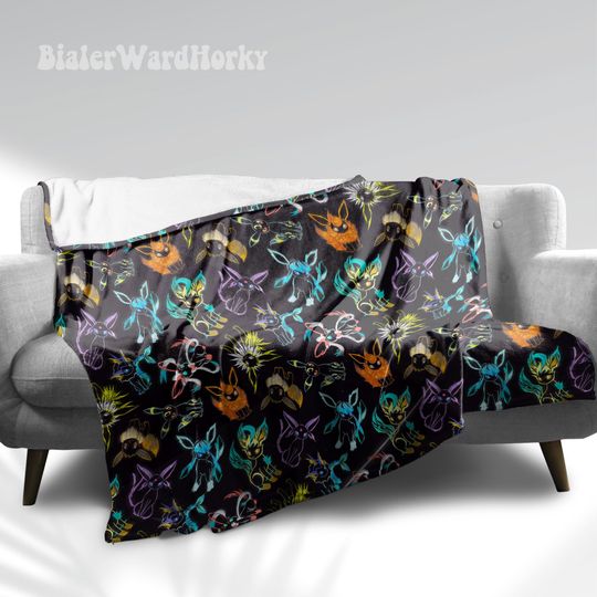 Eevee Evolution Neon Fleece Blanket, Evolution Blanket Fleece Blanket, Anime Blanket Evolution, Gifts