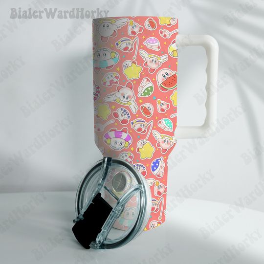 Kirby Video Game Hawaiian Tumbler Cute Water Type Aloha Anime Tumbler 40oz, Stainless Steel Double Wall Tumbler with New Style Handle, Back To School Gift