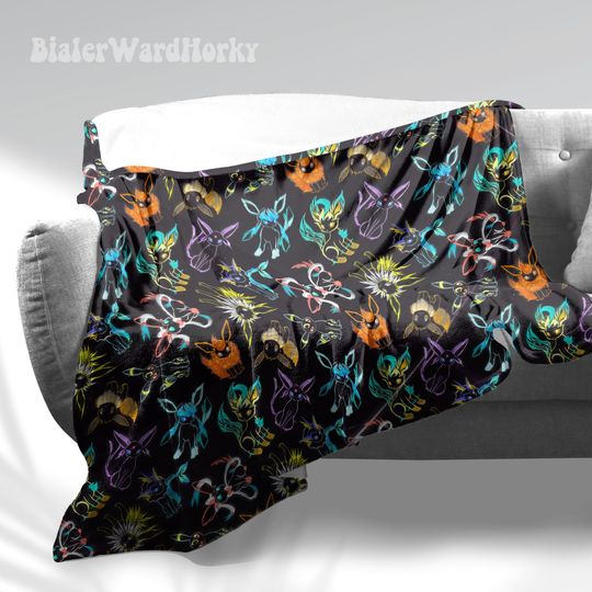 Eevee Evolution Neon Fleece Blanket, Evolution Blanket Fleece Blanket, Anime Blanket Evolution, Gifts