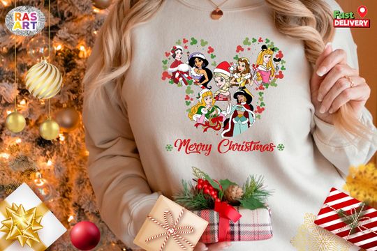 Personalized Disney Princess Christmas Sweatshirt, Christmas Princess Sweatshirts