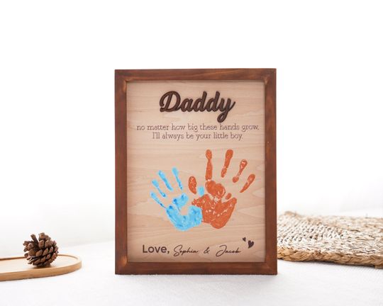 Personalized Father Handprint , Best Dad Ever Hands Down Frame, Kids Gift for Dad, Present for Papa Daddy, Hands Print Sign,Grandpa Gift