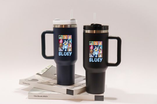 BlueyDad 40oz Tumbler with Handle - Blue Dog Design, Ideal Kids Water Bottle and Birthday Gift