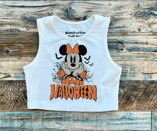 Girls Halloween Crop Tank, Minnie Mickey Halloween Youth Crop Tank , lightweight mummy scary shirt, Scary Spooky food crop top