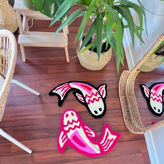 Handmade Pink Koi Fish Rug: Yin Yang Acrylic Accent Rug