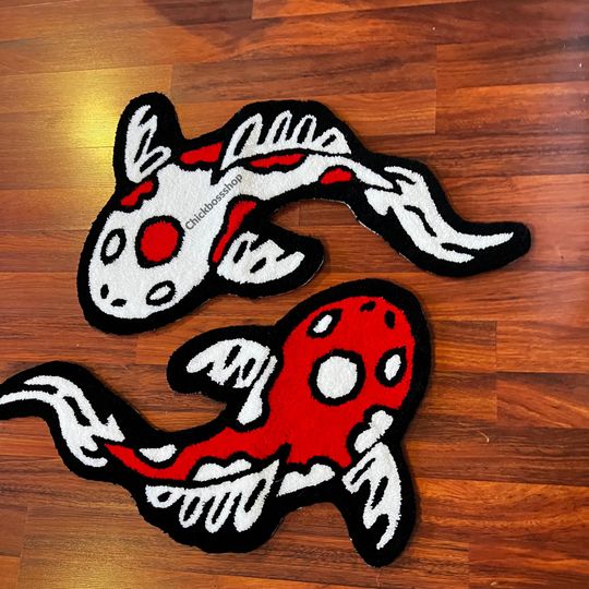 Red Koi Yin Yang Fish Rug | Custom Asian Tufted Rug | Fluffy & Soft Tufting
